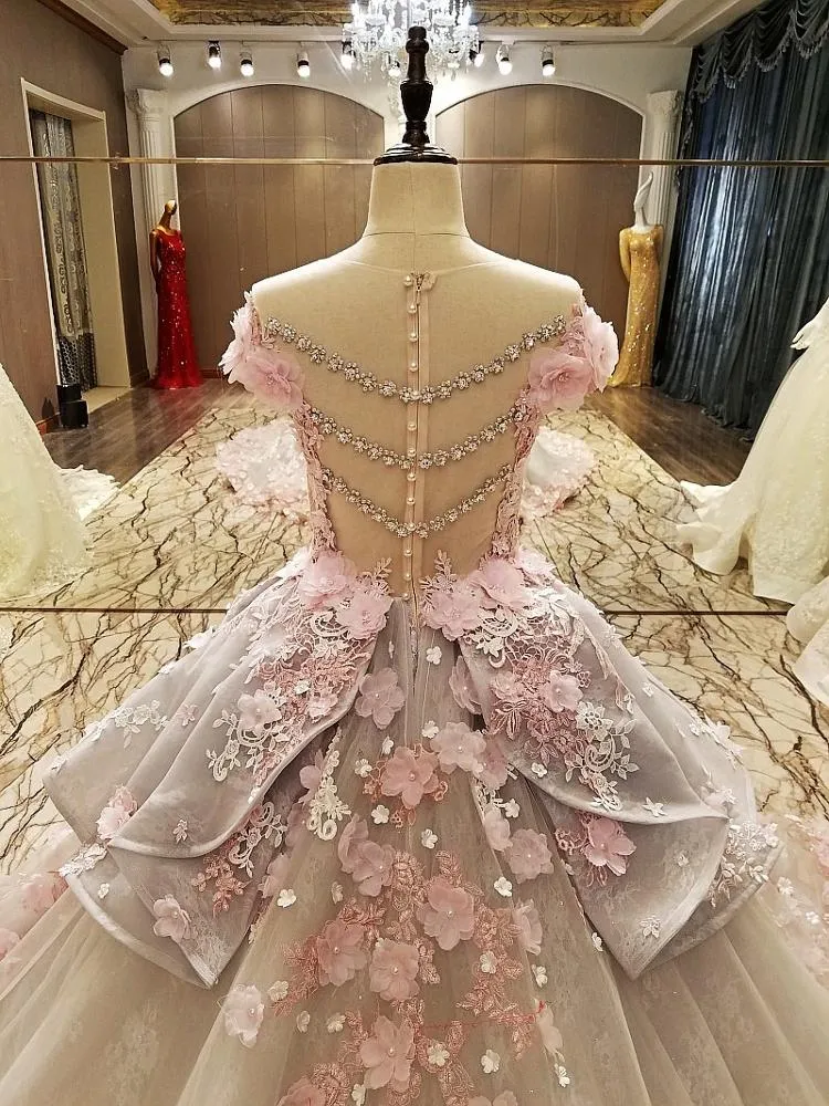 LS83920 real short sleeves 3d flower pattern peplum hot selling long train elegant evening gown