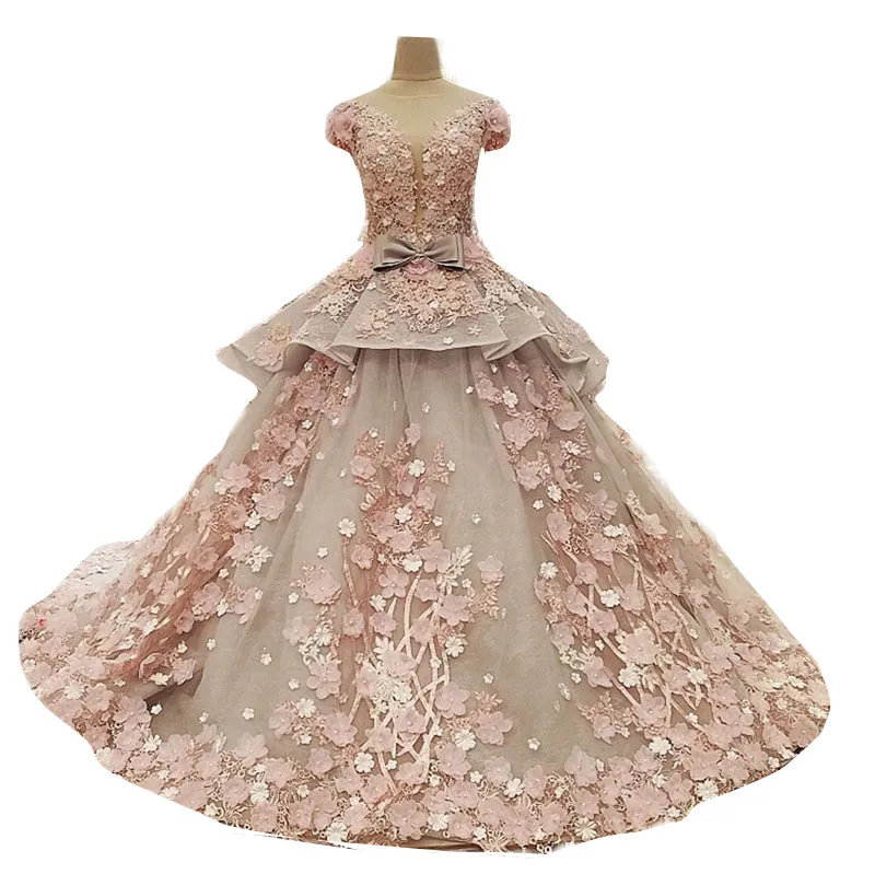 LS83920 real short sleeves 3d flower pattern peplum hot selling long train elegant evening gown