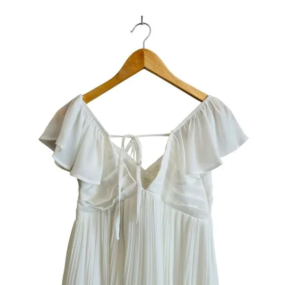 Lulus Amalfi Coast White Pleated Flutter Short Sleeve V Neck Mini Dress Size XS