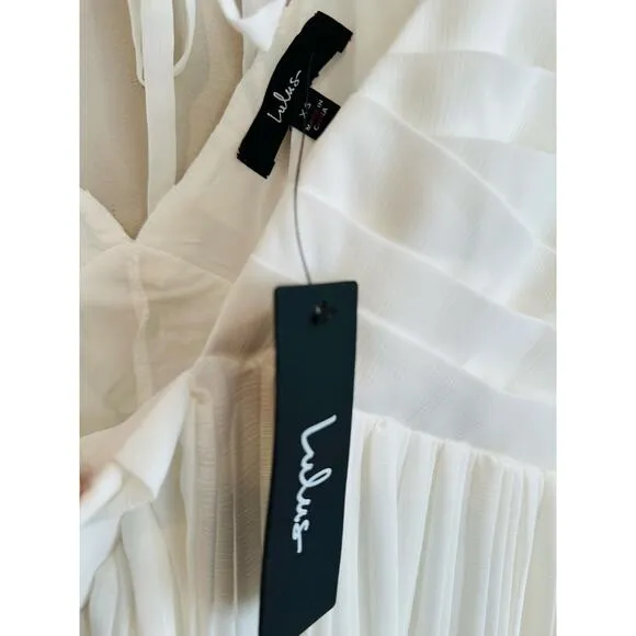 Lulus Amalfi Coast White Pleated Flutter Short Sleeve V Neck Mini Dress Size XS