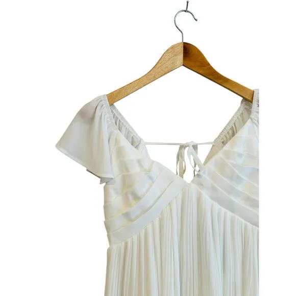 Lulus Amalfi Coast White Pleated Flutter Short Sleeve V Neck Mini Dress Size XS