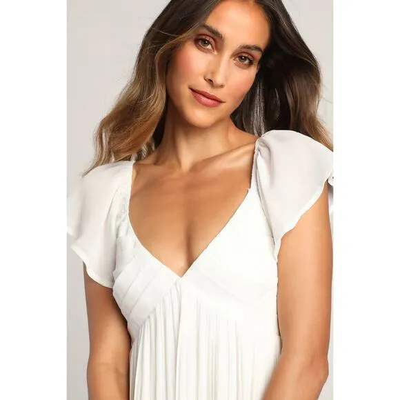 Lulus Amalfi Coast White Pleated Flutter Short Sleeve V Neck Mini Dress Size XS