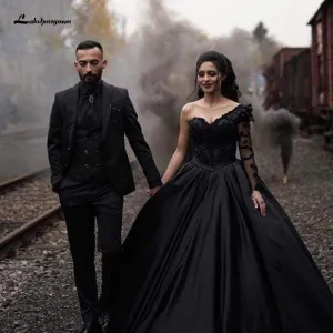 Luxury African Women Satin Wedding Gowns Lace One Shoulder