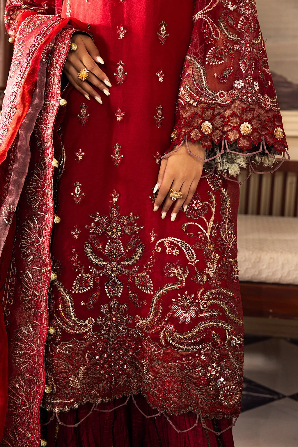 Luxury Deep Red Embroidered Palzo Style Pakistani Salwar Kameez Suit