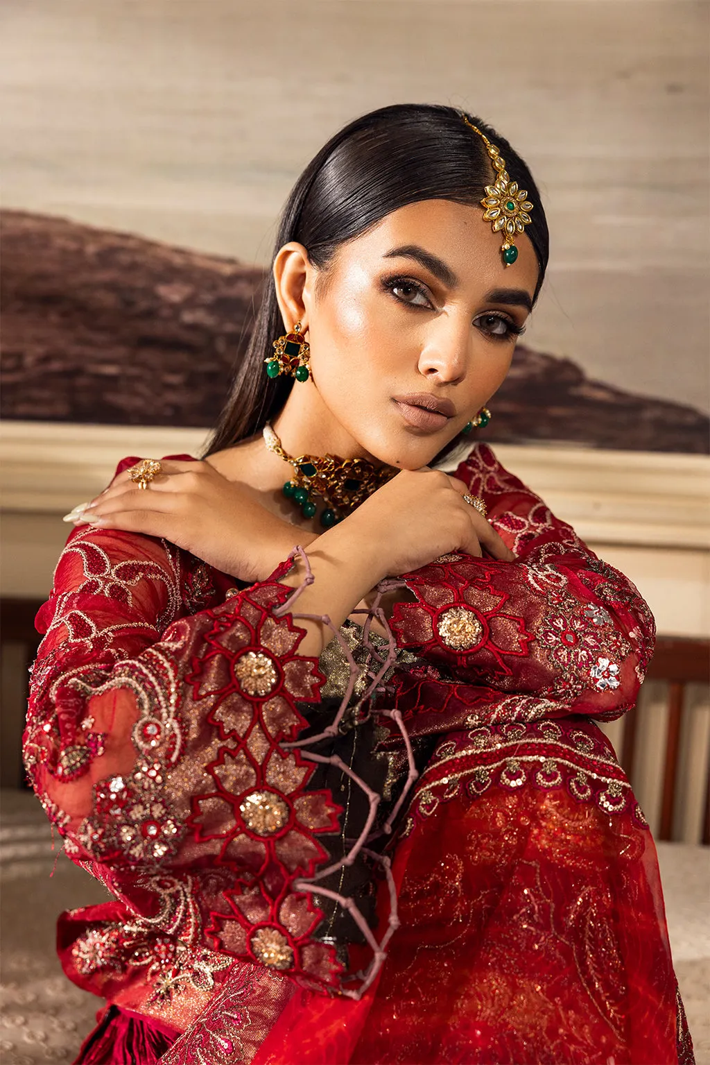 Luxury Deep Red Embroidered Palzo Style Pakistani Salwar Kameez Suit