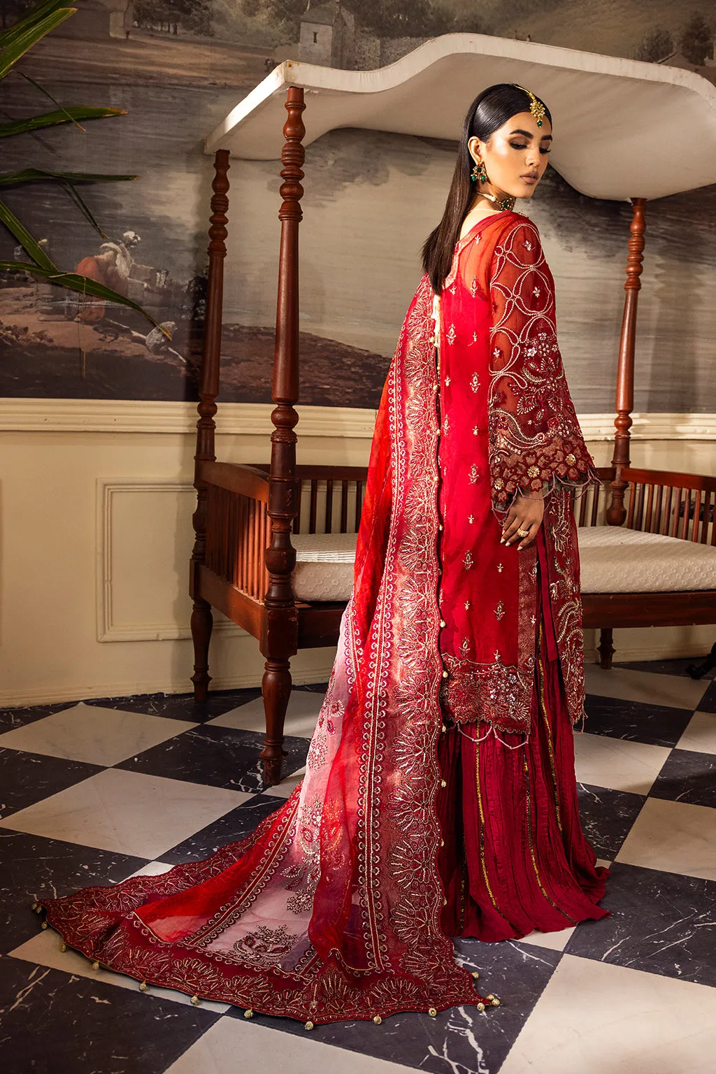 Luxury Deep Red Embroidered Palzo Style Pakistani Salwar Kameez Suit