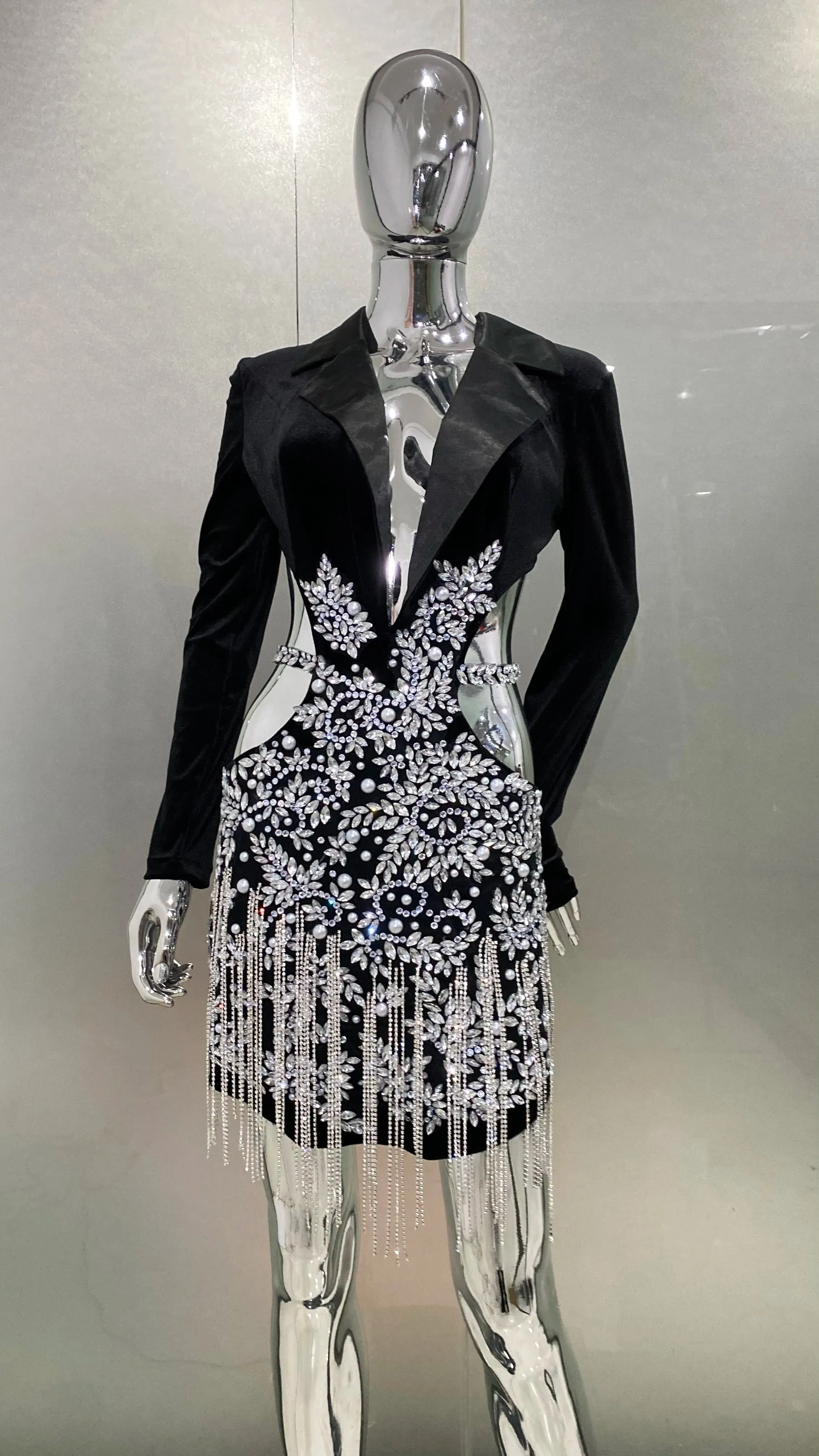 Luxury Diamonds Tassel Hollow Out Notched Dress