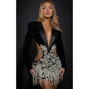 Luxury Diamonds Tassel Hollow Out Notched Dress