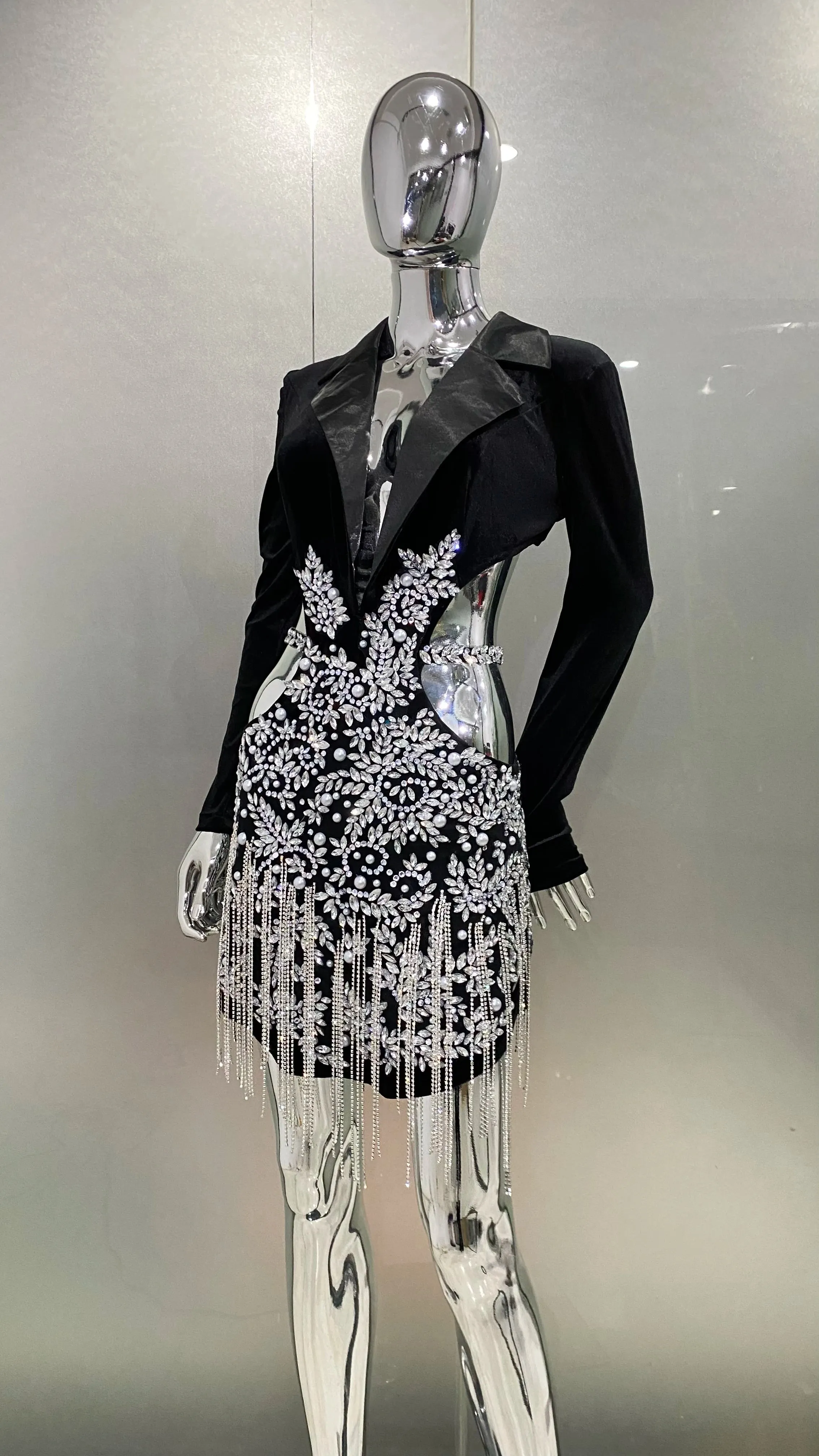 Luxury Diamonds Tassel Hollow Out Notched Dress
