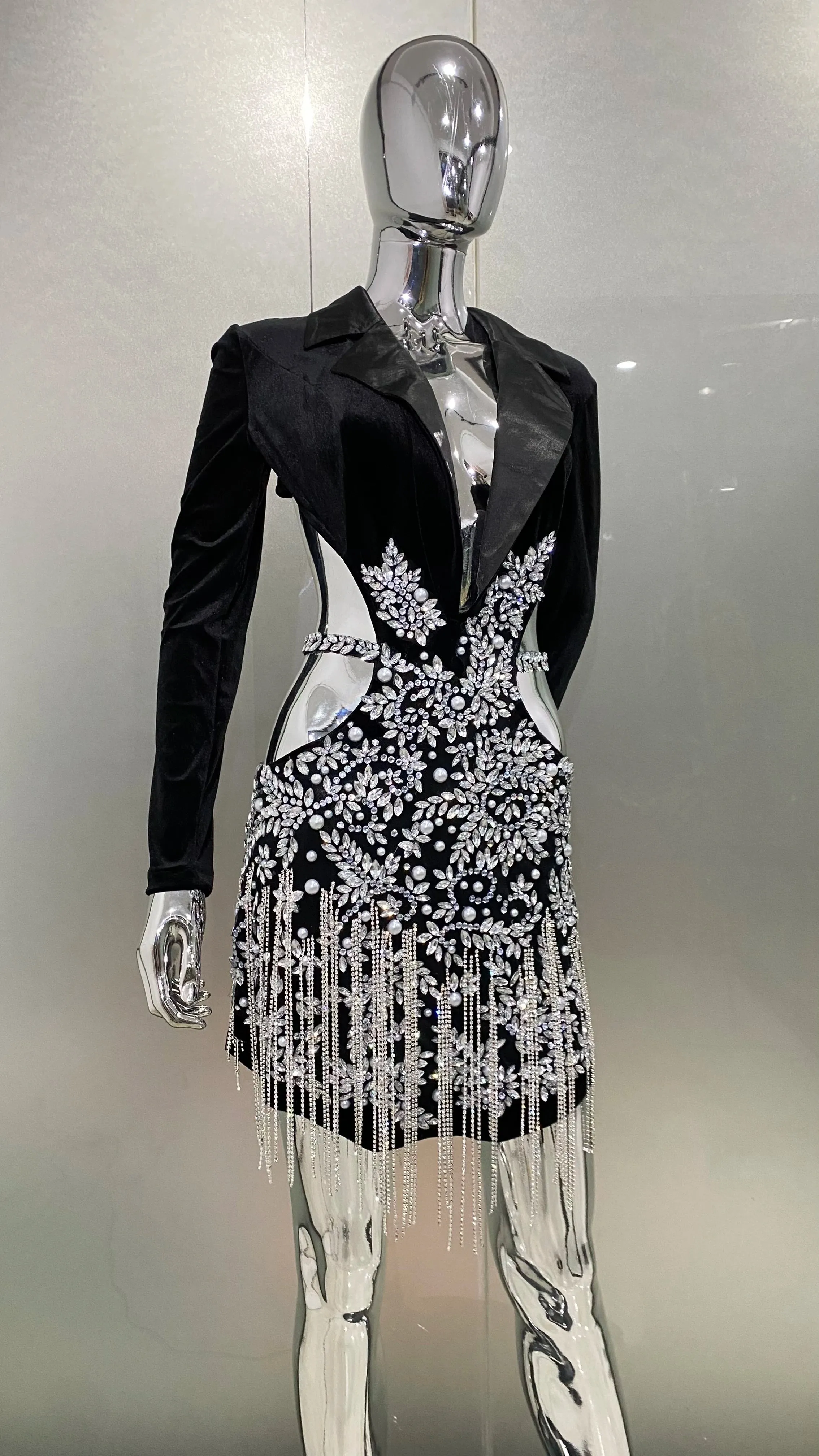 Luxury Diamonds Tassel Hollow Out Notched Dress