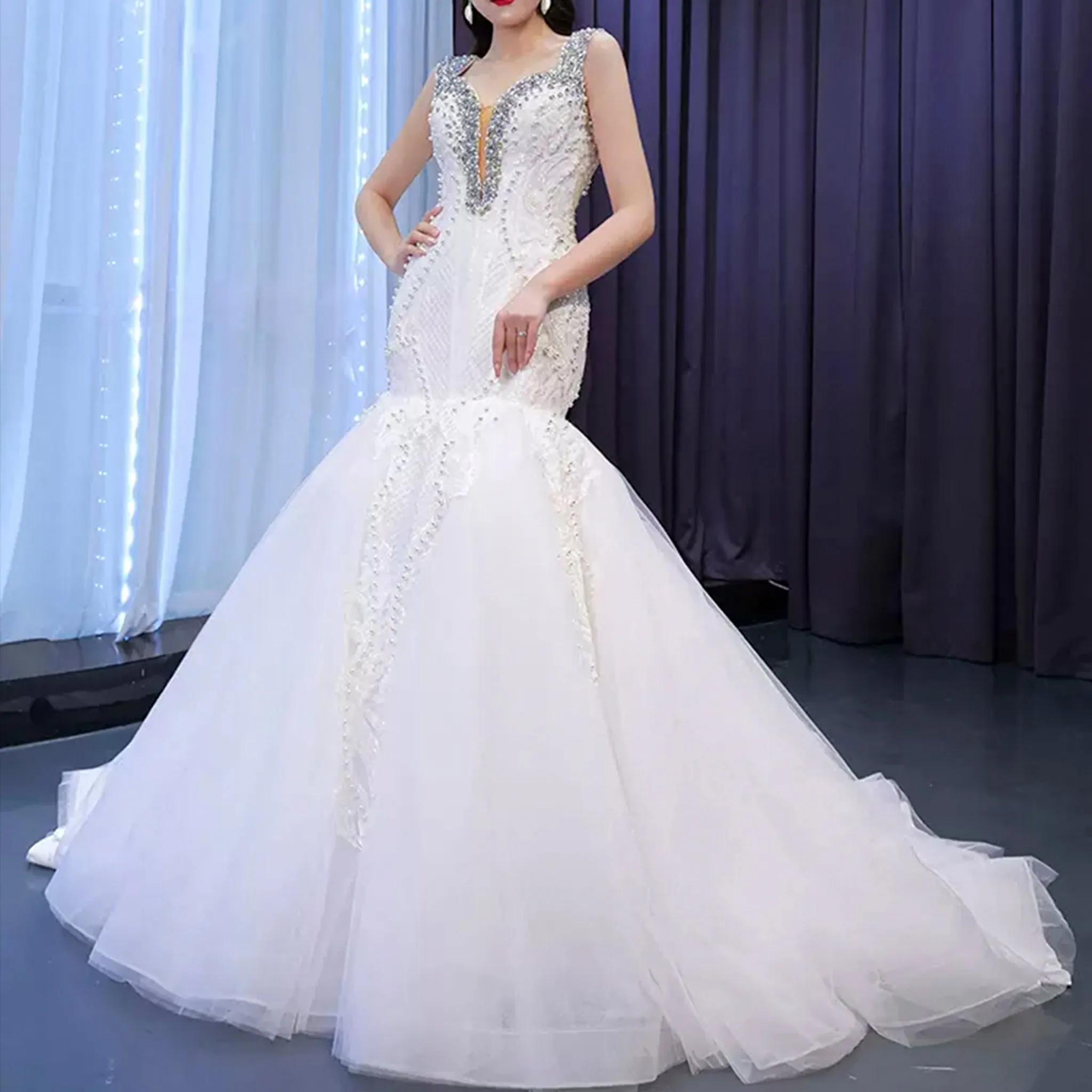Luxury Handmade Pearl Wedding Dress with Detachable Skirt