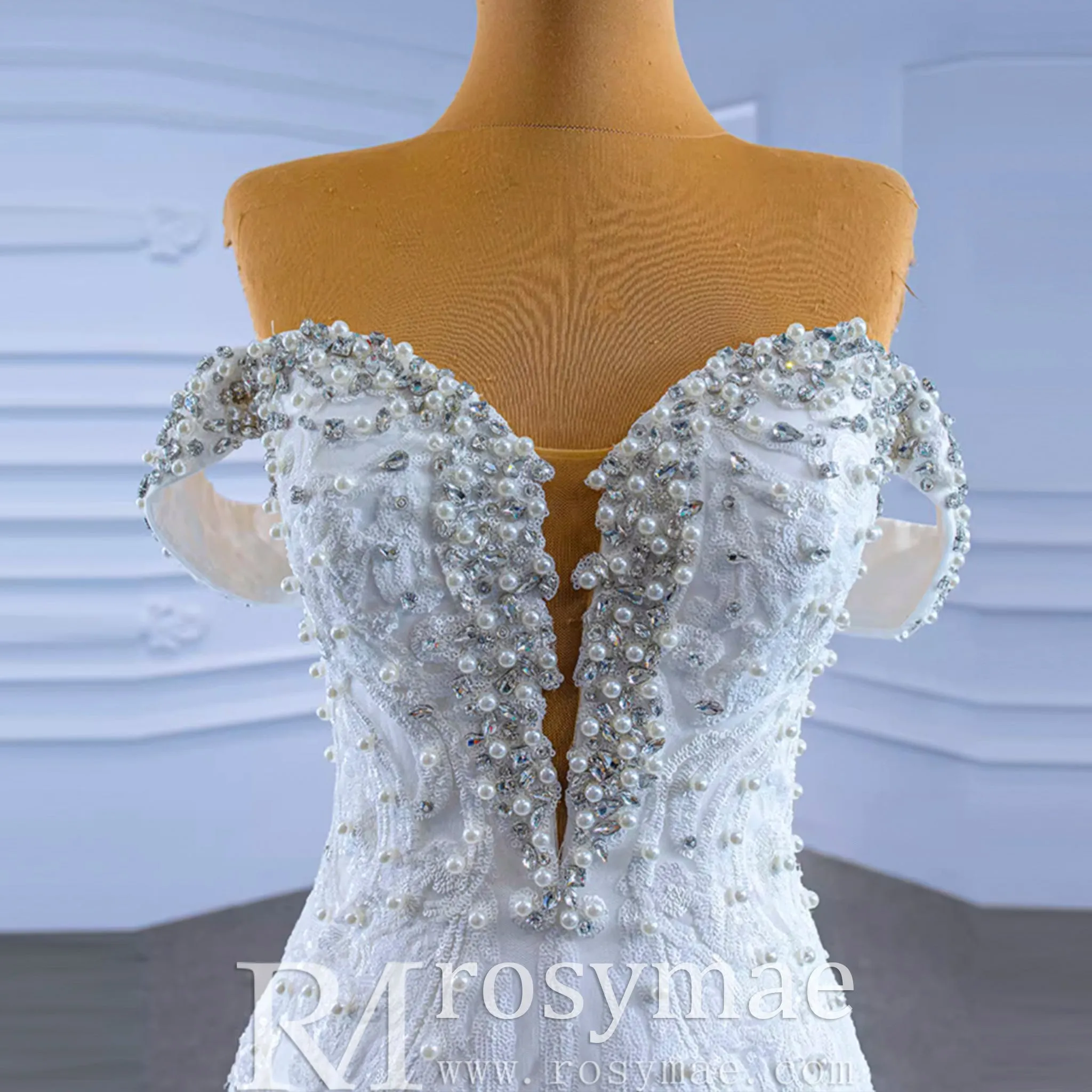 Luxury Handmade Pearl Wedding Dress with Detachable Skirt