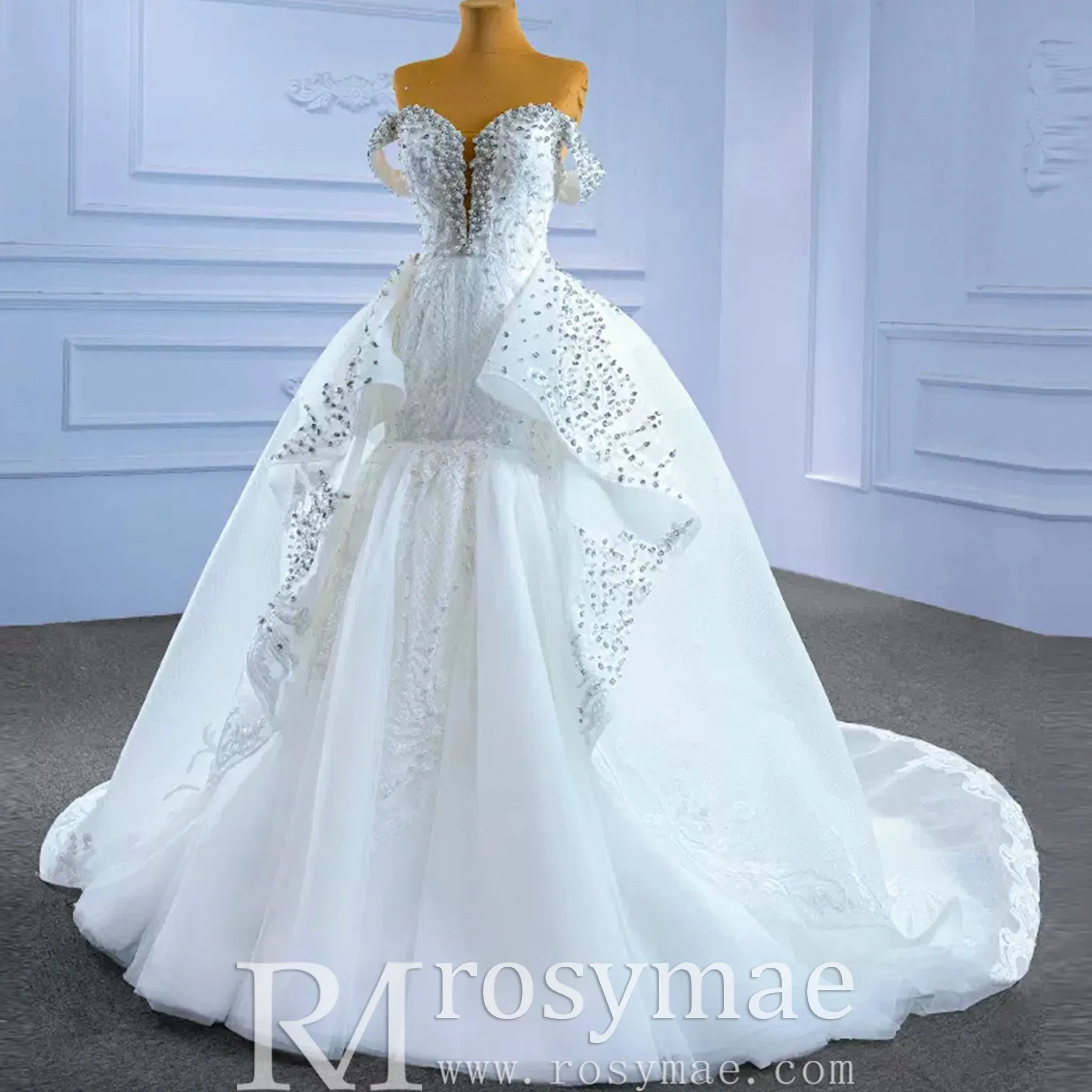 Luxury Handmade Pearl Wedding Dress with Detachable Skirt