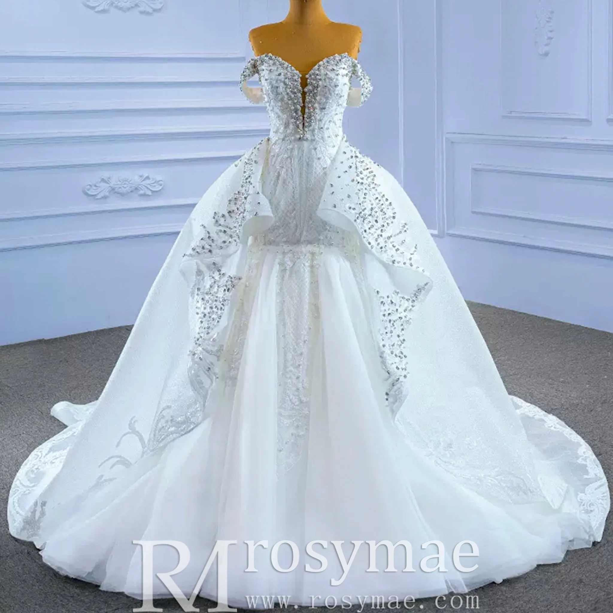 Luxury Handmade Pearl Wedding Dress with Detachable Skirt