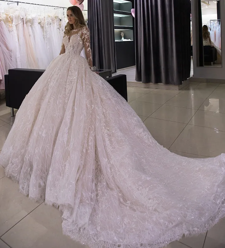 Luxury Lace Long Sleeve Court Train Wedding Bridal Gown