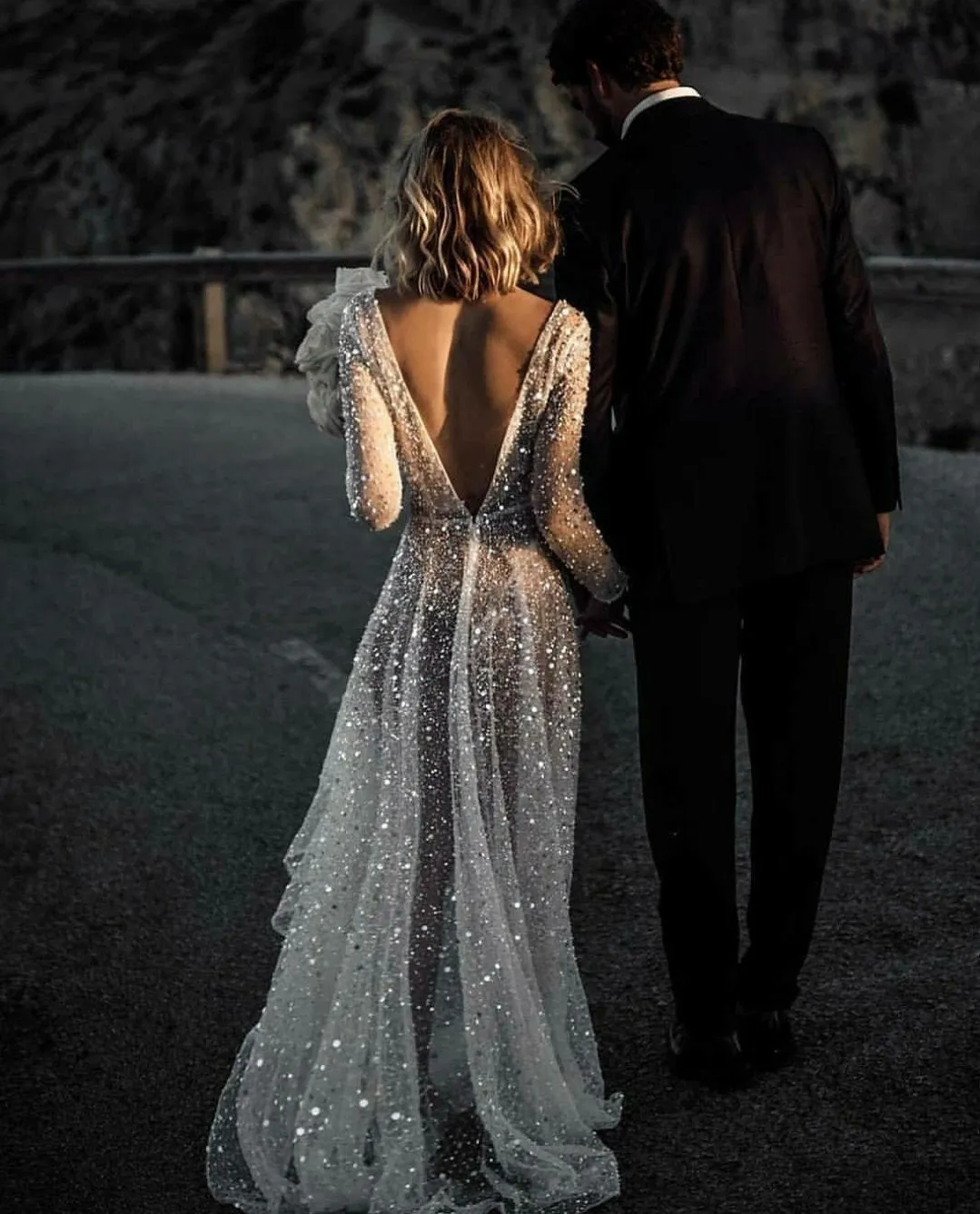 Luxury Rhinestones Wedding Dress with Illusion Long Sleeves