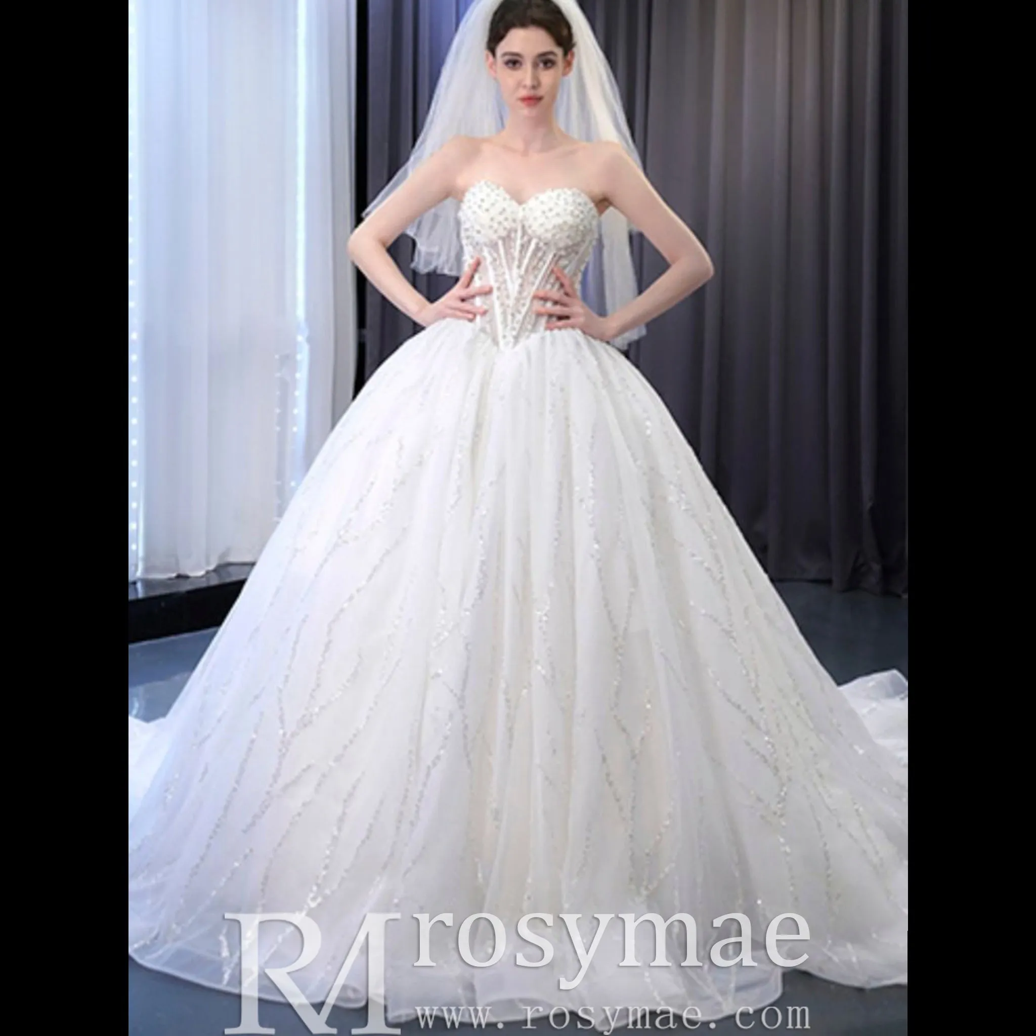 Luxury Sweetheart Neckline Ball Gown Wedding Dress Sheer Bodice
