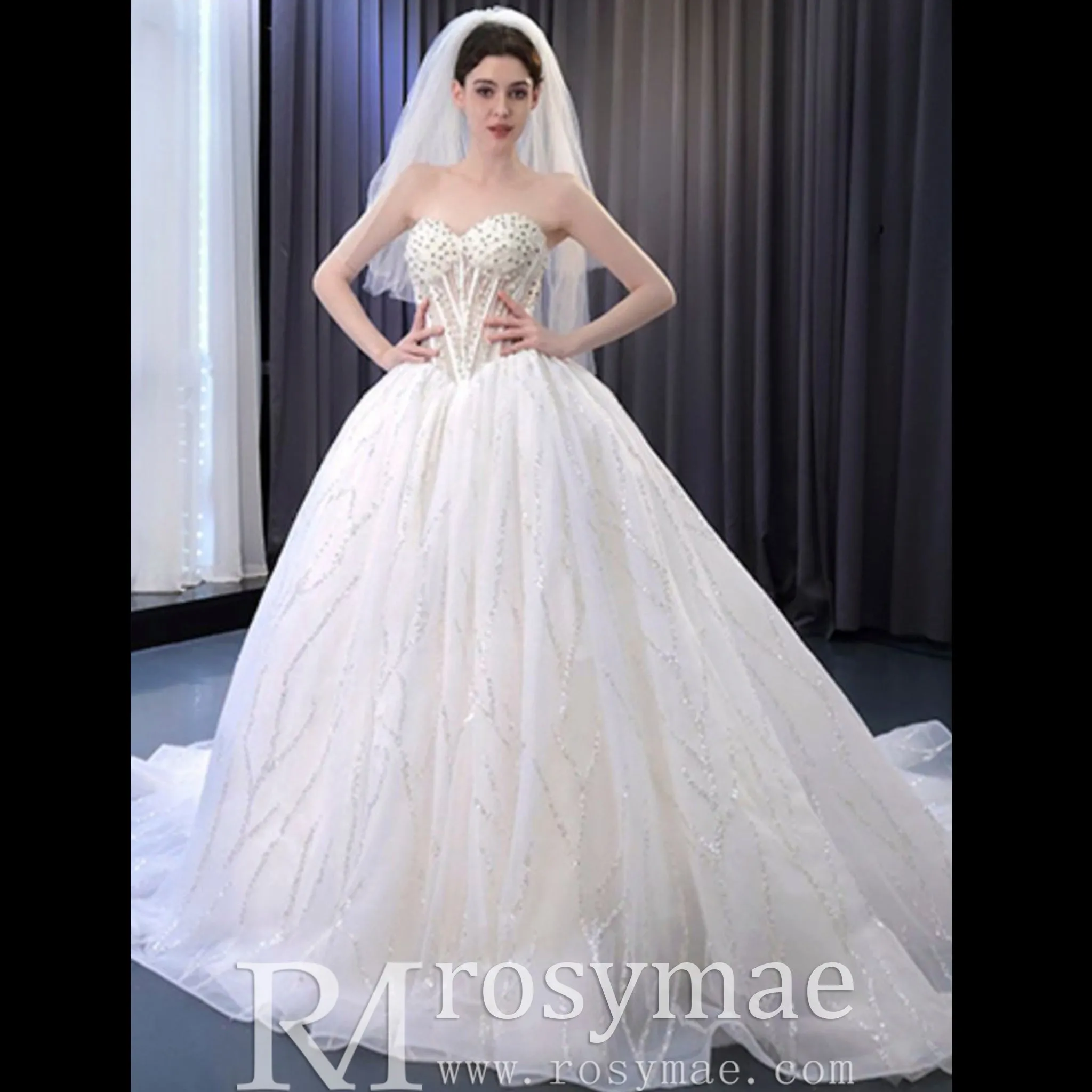 Luxury Sweetheart Neckline Ball Gown Wedding Dress Sheer Bodice