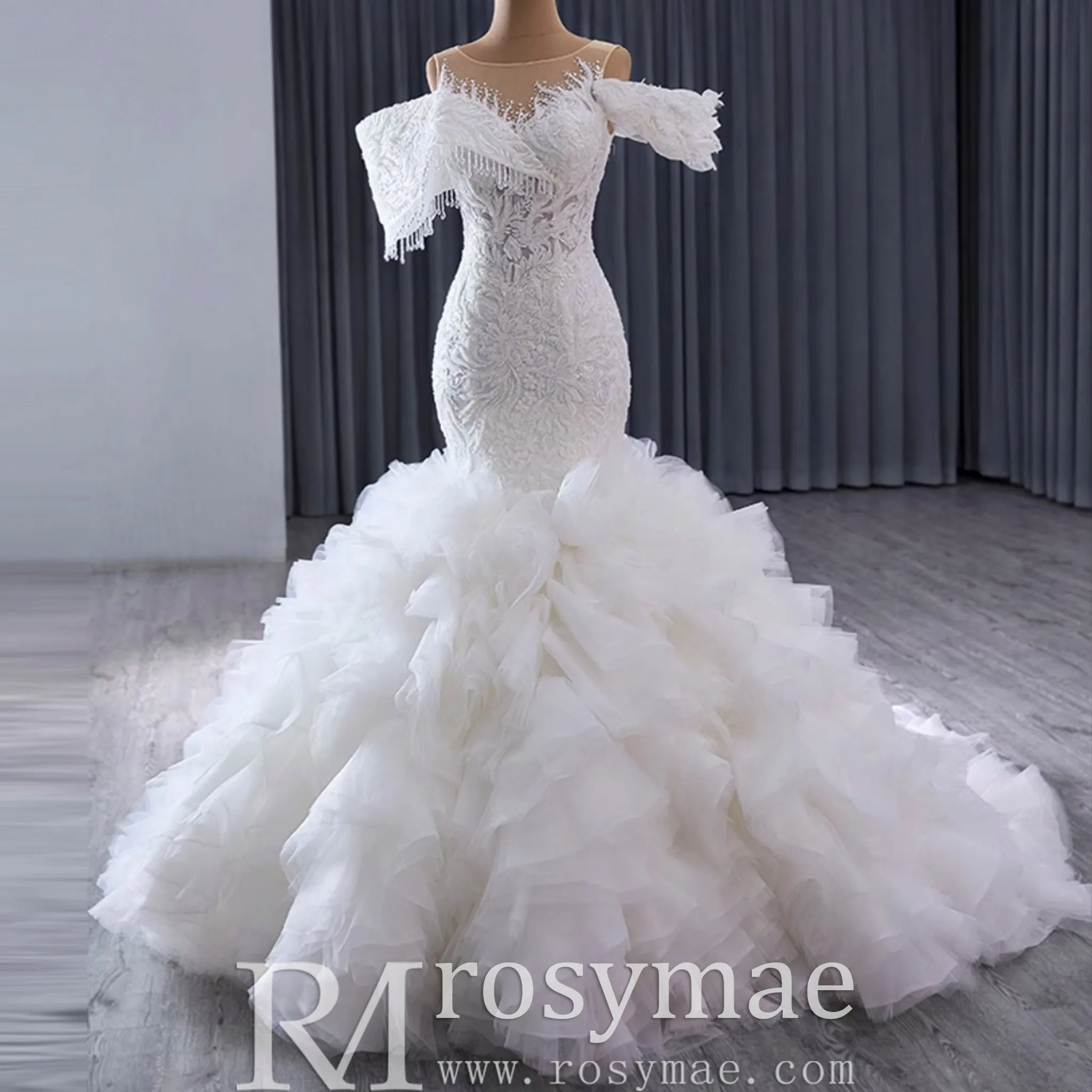Luxury Trumpet Ruffle Wedding Dress with Detachable Skirt