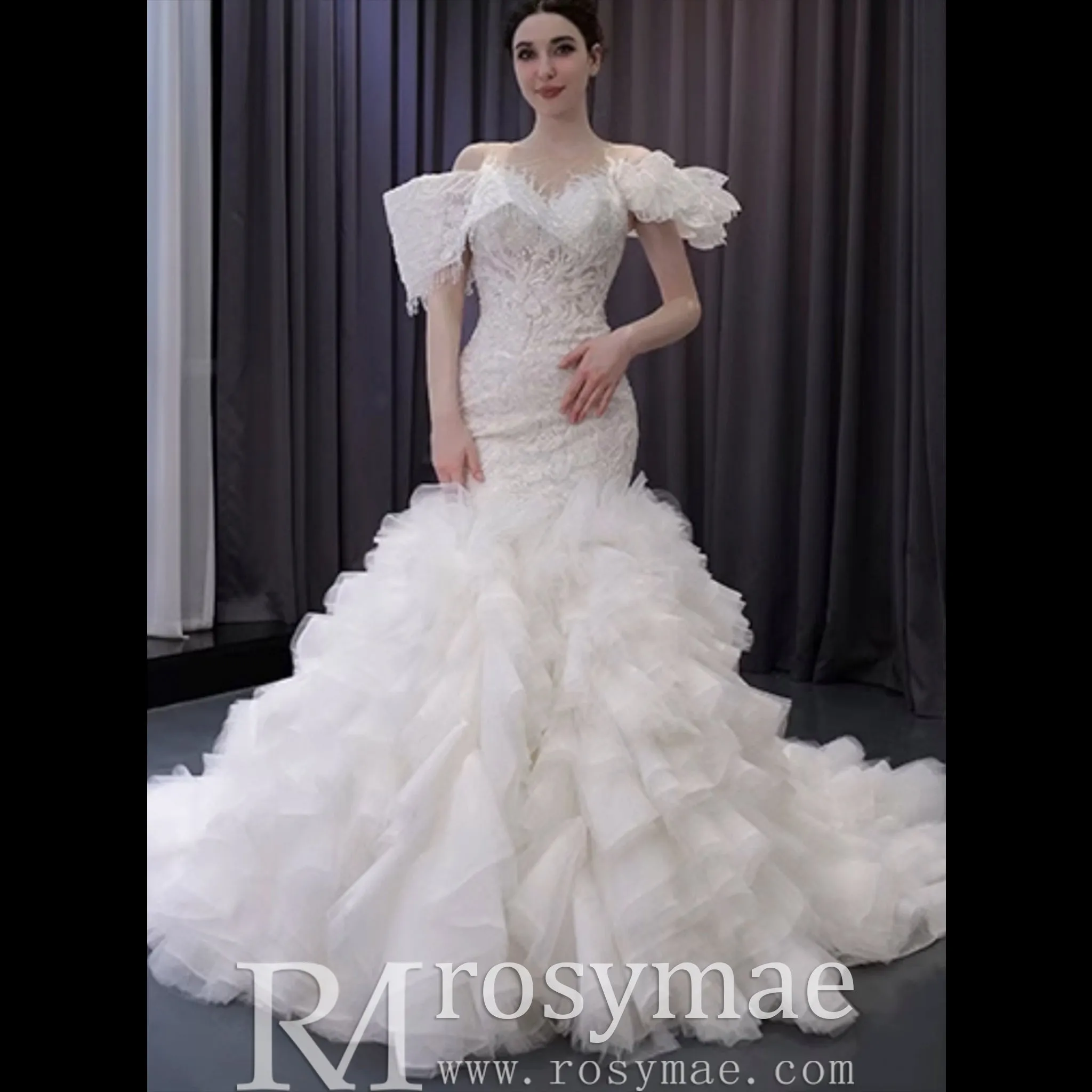 Luxury Trumpet Ruffle Wedding Dress with Detachable Skirt