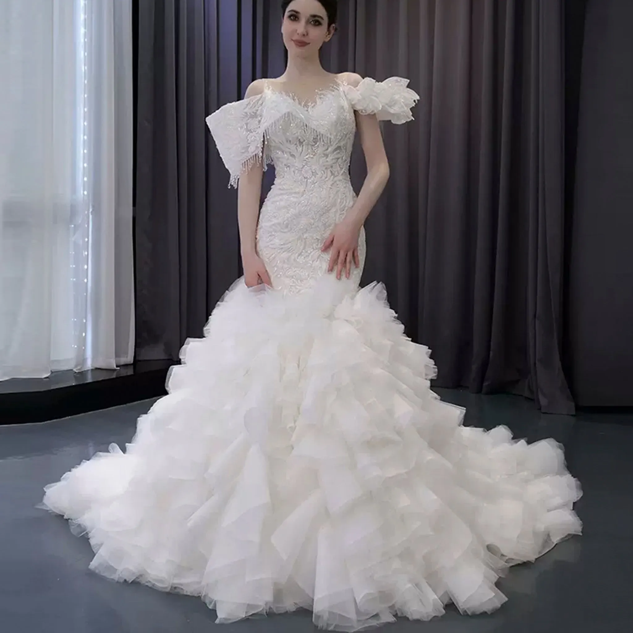 Luxury Trumpet Ruffle Wedding Dress with Detachable Skirt