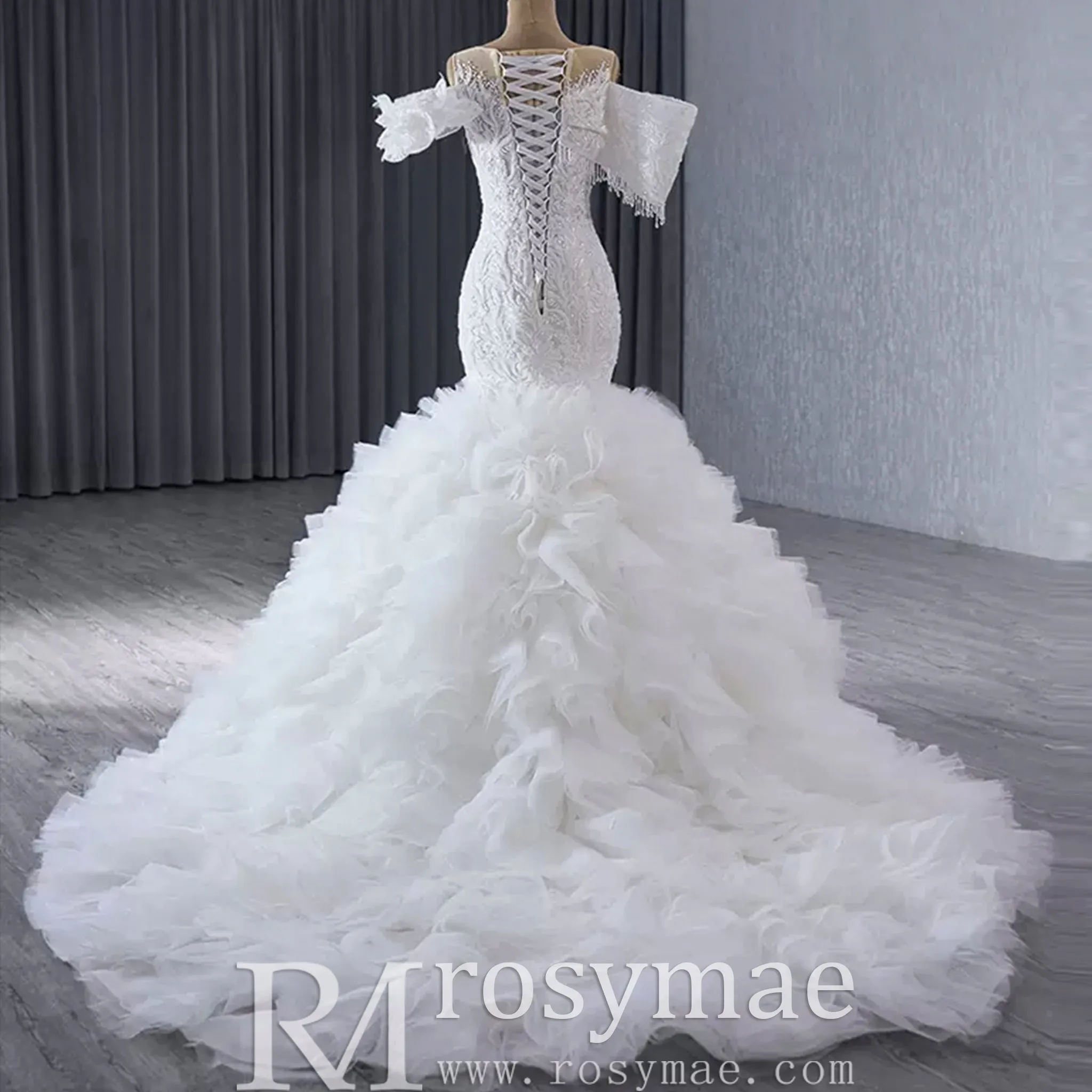 Luxury Trumpet Ruffle Wedding Dress with Detachable Skirt