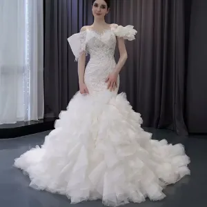 Luxury Trumpet Ruffle Wedding Dress with Detachable Skirt