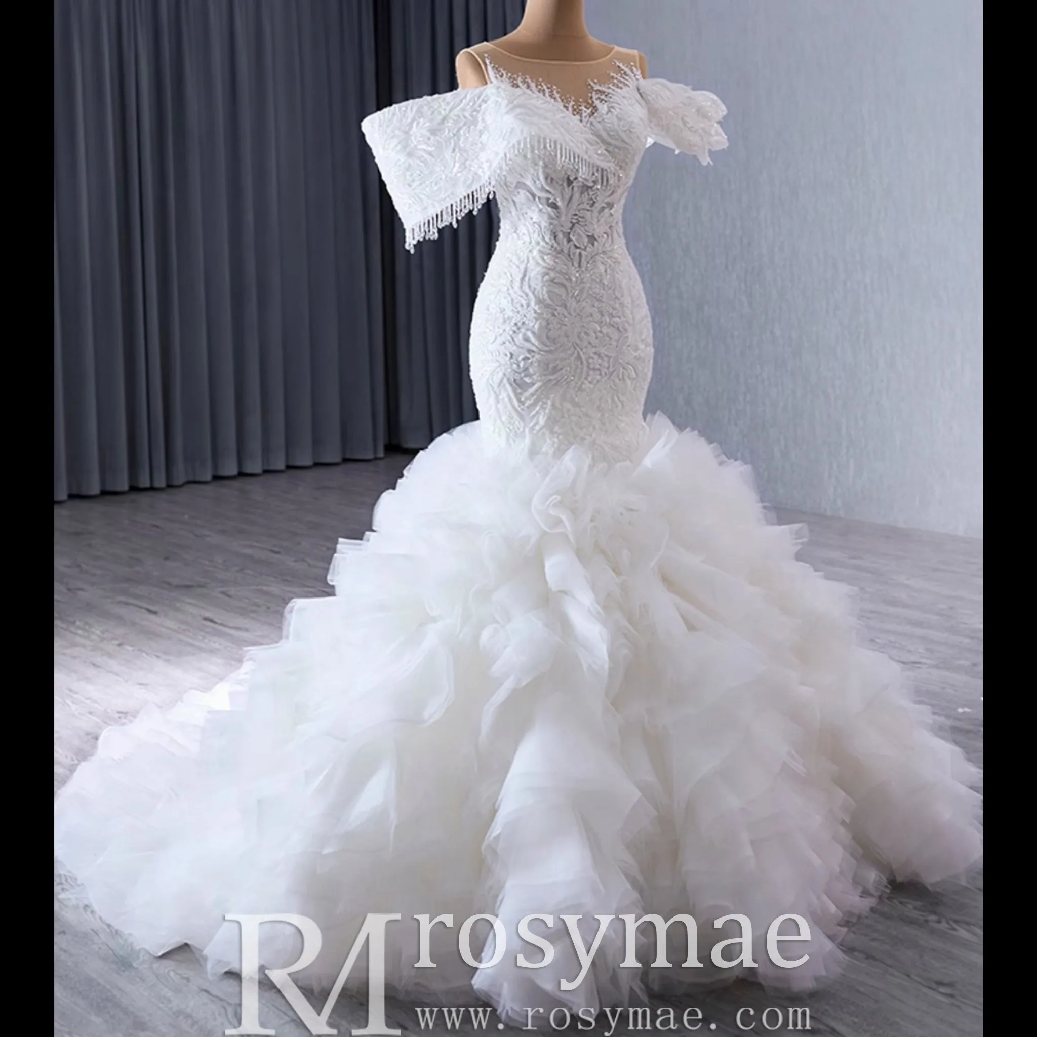 Luxury Trumpet Ruffle Wedding Dress with Detachable Skirt