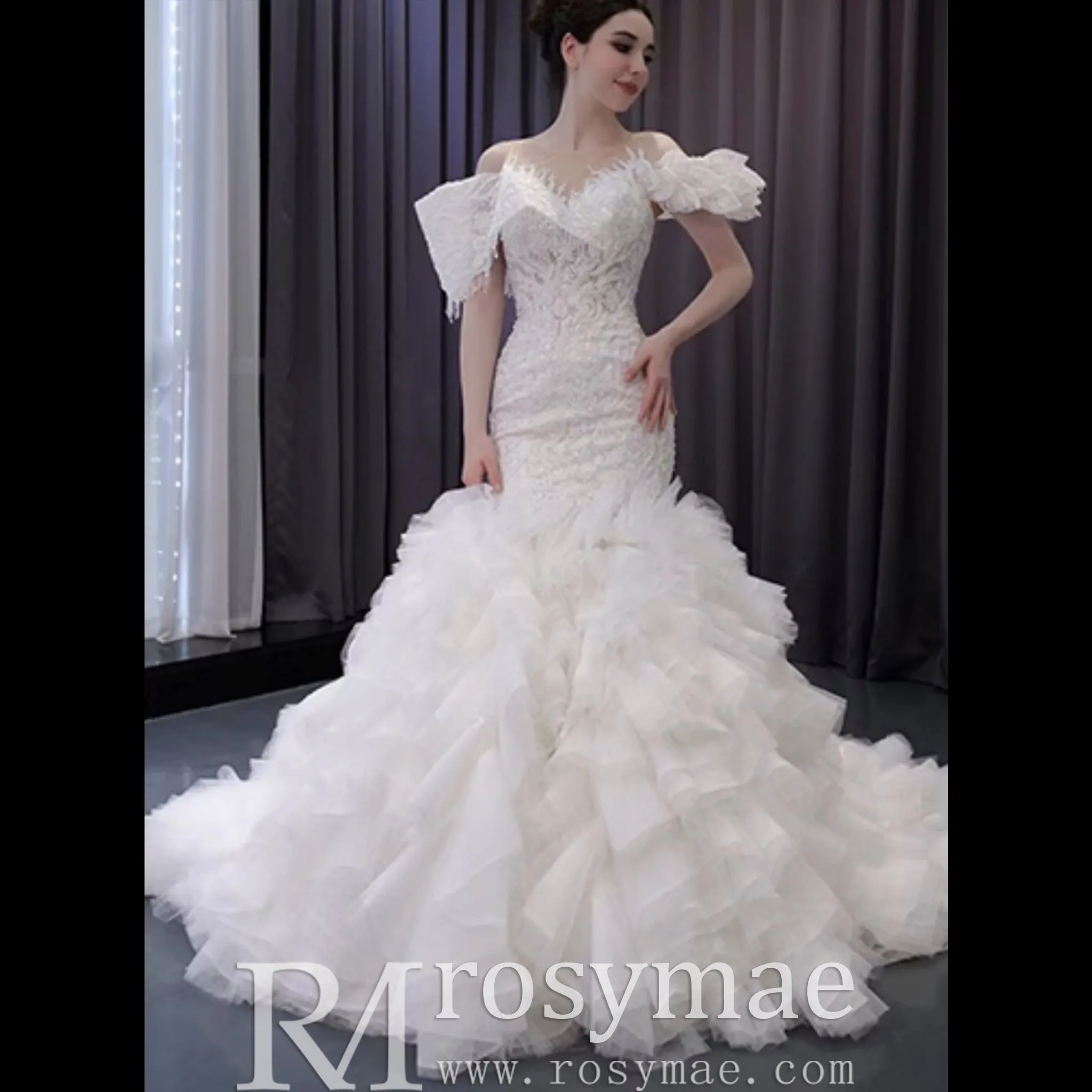Luxury Trumpet Ruffle Wedding Dress with Detachable Skirt