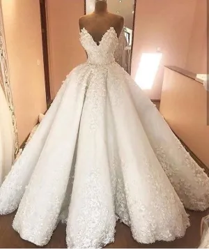 luxury wedding dresses ball gown lace applique floral v neck elegant custom make wedding gown