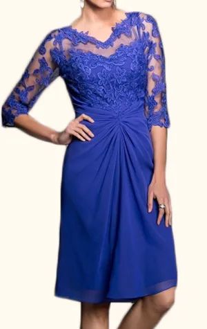 MACloth Half Sleeves V Neck Lace Chiffon Mother of the Brides Dress Royal Blue Cocktail Dress