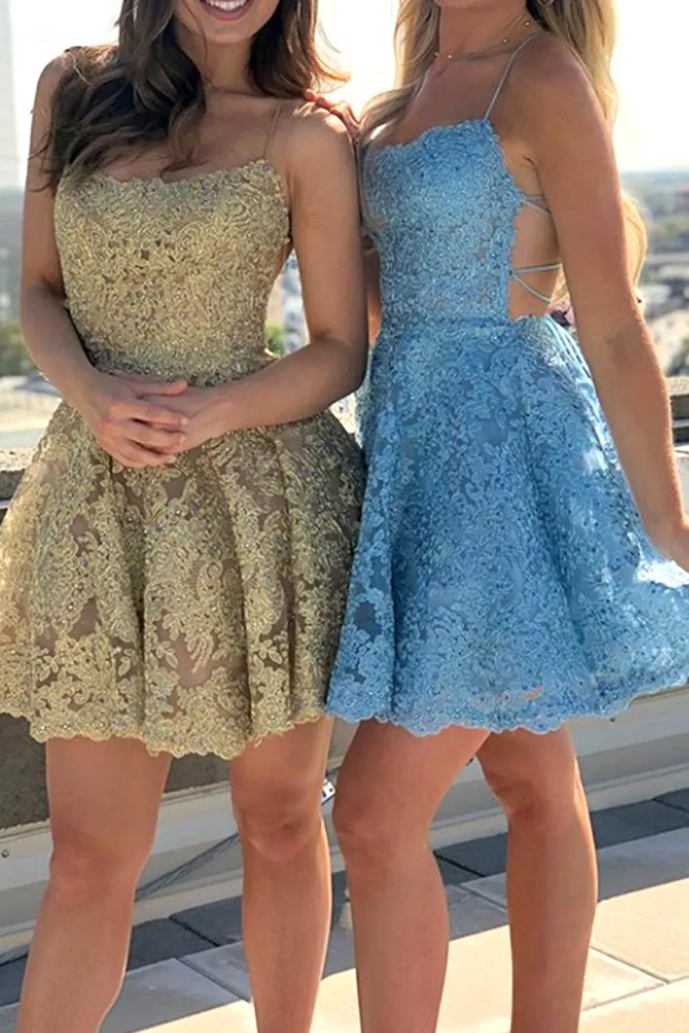 MACloth Spaghetti Straps Lace Mini Prom Homecoming Dress Gold / Blue Cocktail Party Dress