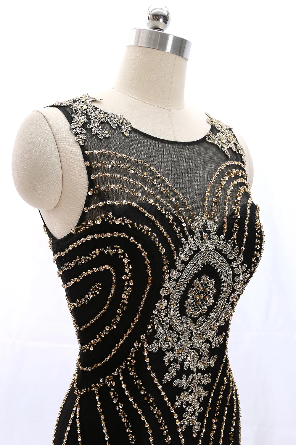 MACloth Straps Scoop Neck Gold Lace Black Mini Prom Homecoming Dress Cocktail Dress