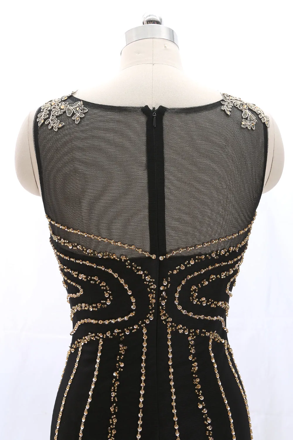 MACloth Straps Scoop Neck Gold Lace Black Mini Prom Homecoming Dress Cocktail Dress