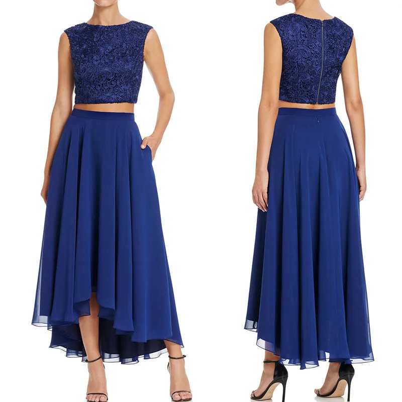 MACloth Two Piece Hi-Lo Lace Chiffon Cocktail Dress Simple Prom Gown