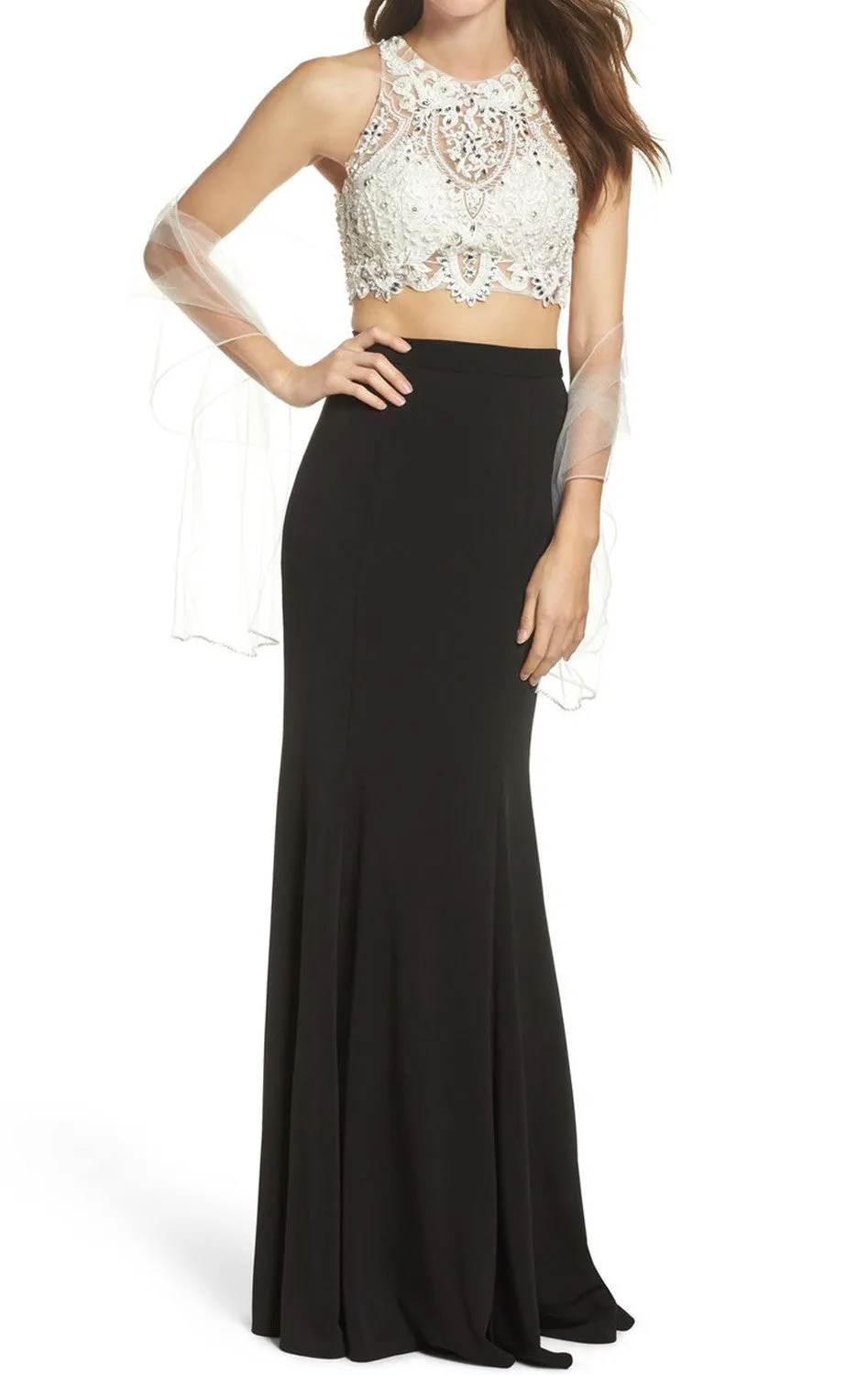 MACloth Two Piece Lace Jersey Long Prom Dress Black Formal Gown