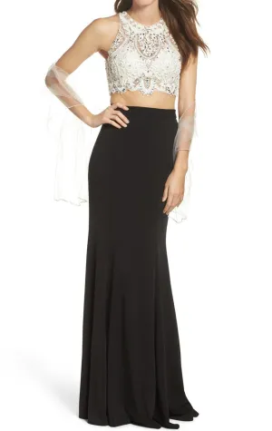 MACloth Two Piece Lace Jersey Long Prom Dress Black Formal Gown
