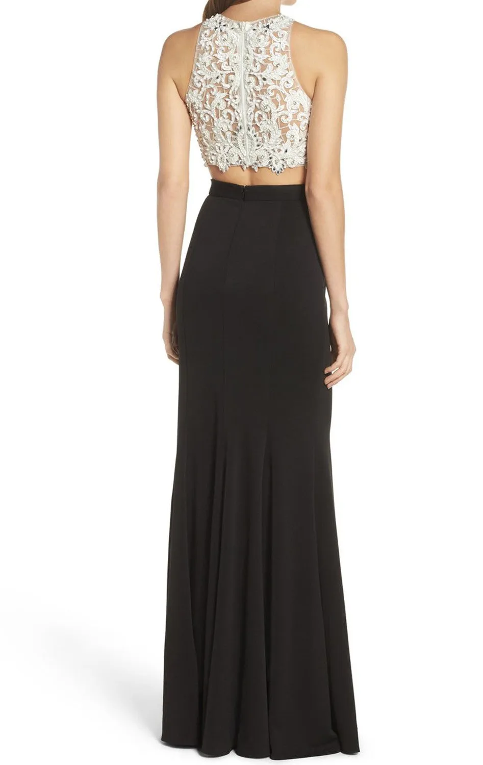 MACloth Two Piece Lace Jersey Long Prom Dress Black Formal Gown