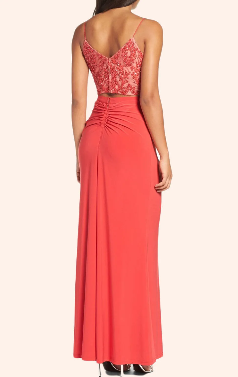 MACloth Two Piece Lace Jersey Long Prom Dress Coral Formal Gown
