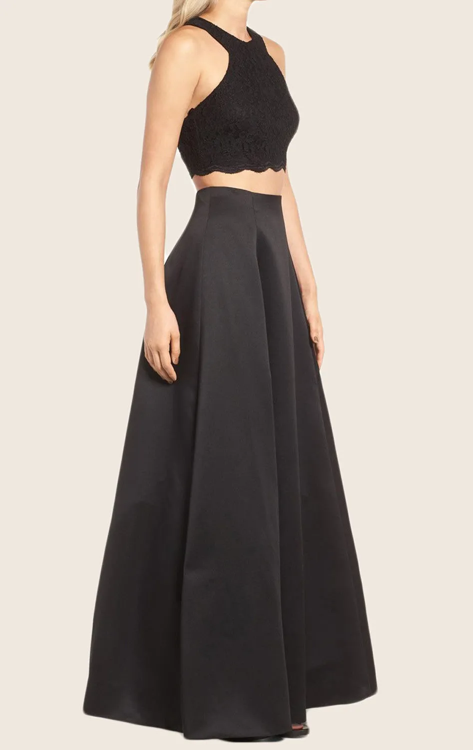 MACloth Two Piece Lace Satin Maxi Prom Dress Black Formal Gown