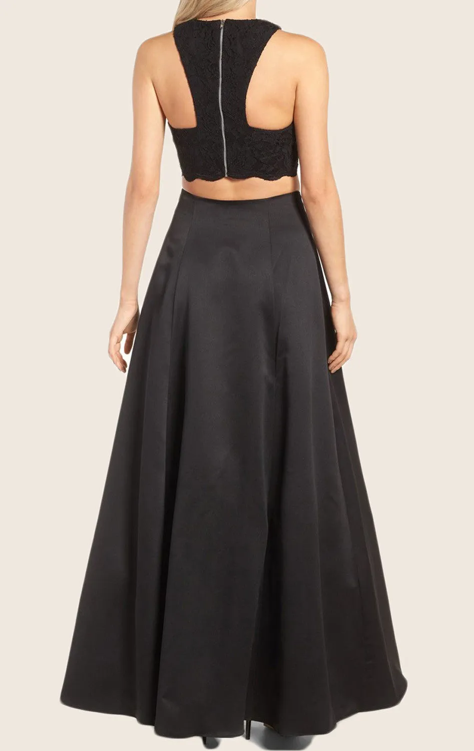 MACloth Two Piece Lace Satin Maxi Prom Dress Black Formal Gown