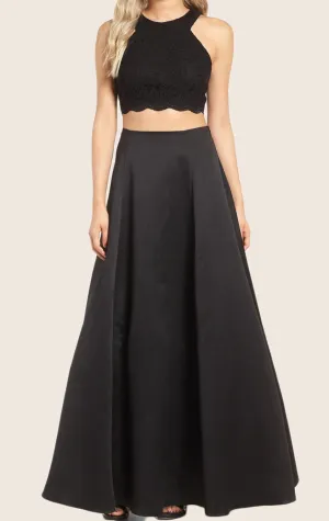 MACloth Two Piece Lace Satin Maxi Prom Dress Black Formal Gown