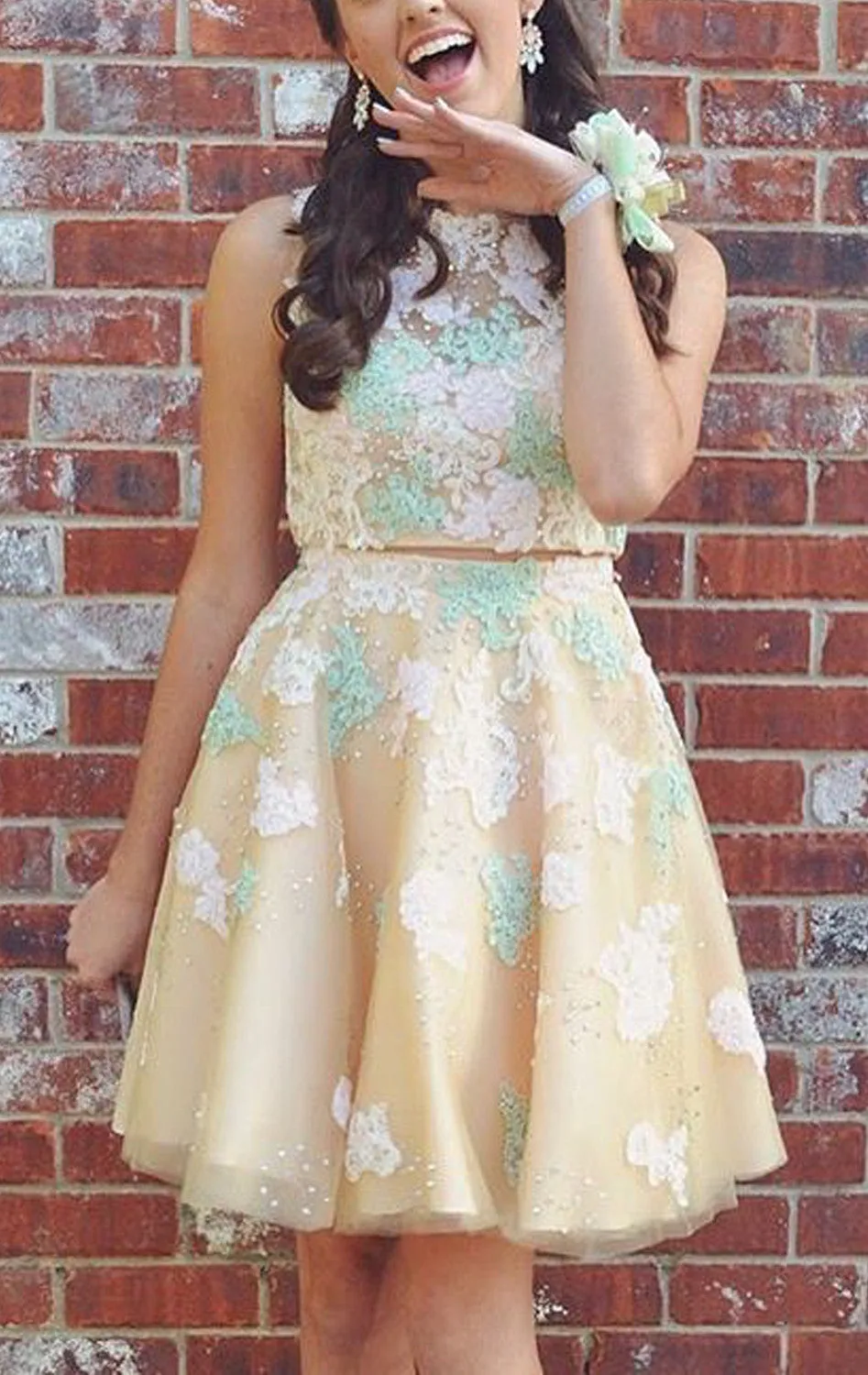 MACloth Two Piece Lace Tulle Prom Homecoming Dress Mini Cocktail Party Formal Gown