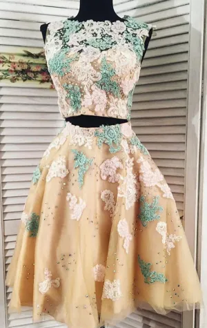 MACloth Two Piece Lace Tulle Prom Homecoming Dress Mini Cocktail Party Formal Gown