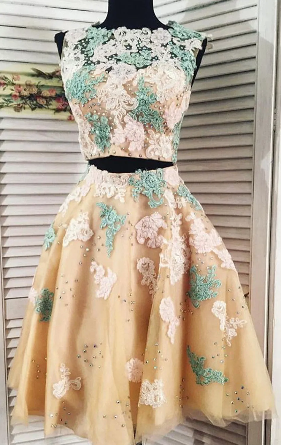 MACloth Two Piece Lace Tulle Prom Homecoming Dress Mini Cocktail Party Formal Gown