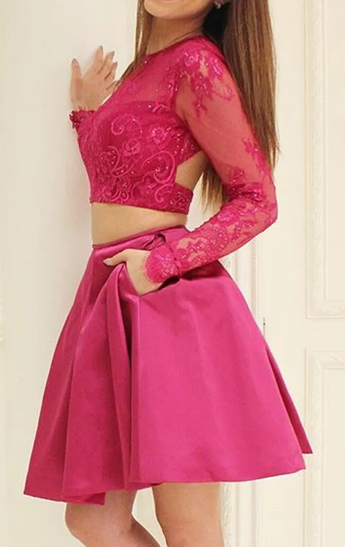 MACloth Two Piece Long Sleeves Lace Cocktail Dress Fuchsia Wedding Party Formal Gown