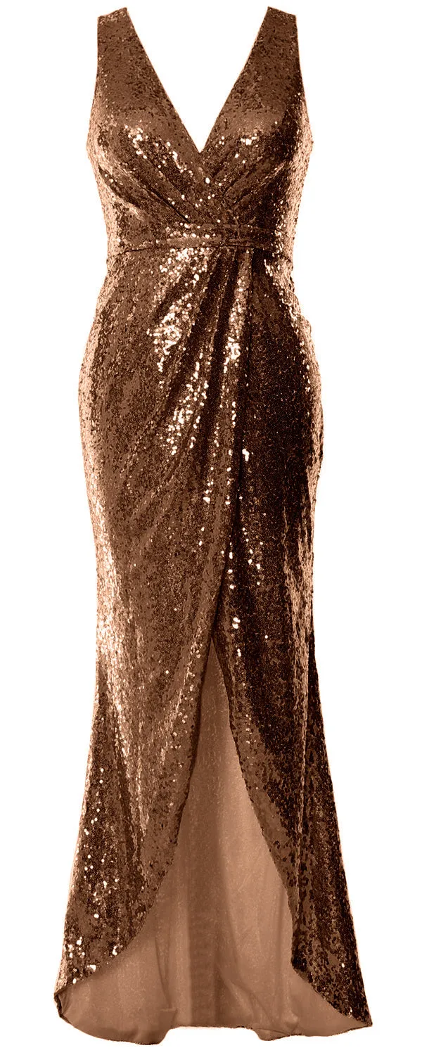 MACloth V Neck Sequin Hi Lo Bridesmaid Dress Simple Long Prom Dress Formal Gown