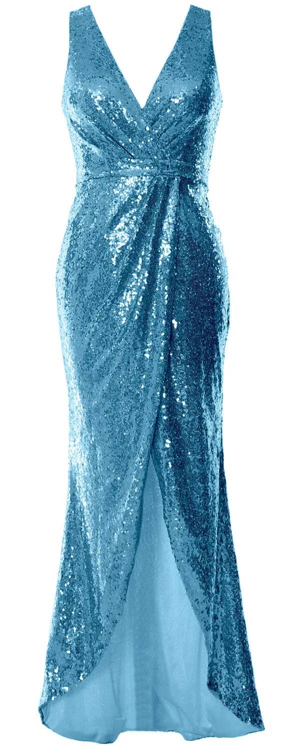 MACloth V Neck Sequin Hi Lo Bridesmaid Dress Simple Long Prom Dress Formal Gown
