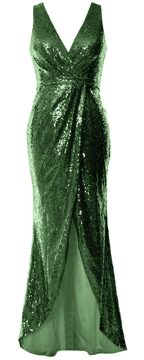 MACloth V Neck Sequin Hi Lo Bridesmaid Dress Simple Long Prom Dress Formal Gown