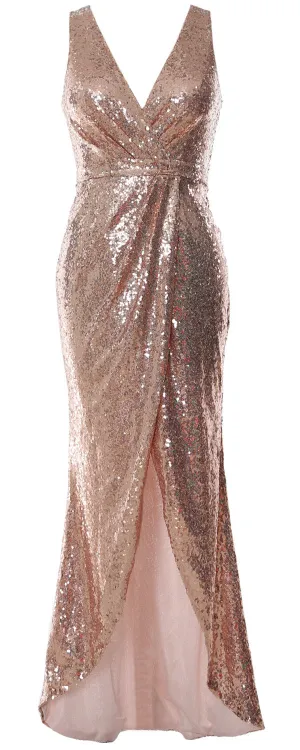 MACloth V Neck Sequin Hi Lo Bridesmaid Dress Simple Long Prom Dress Formal Gown